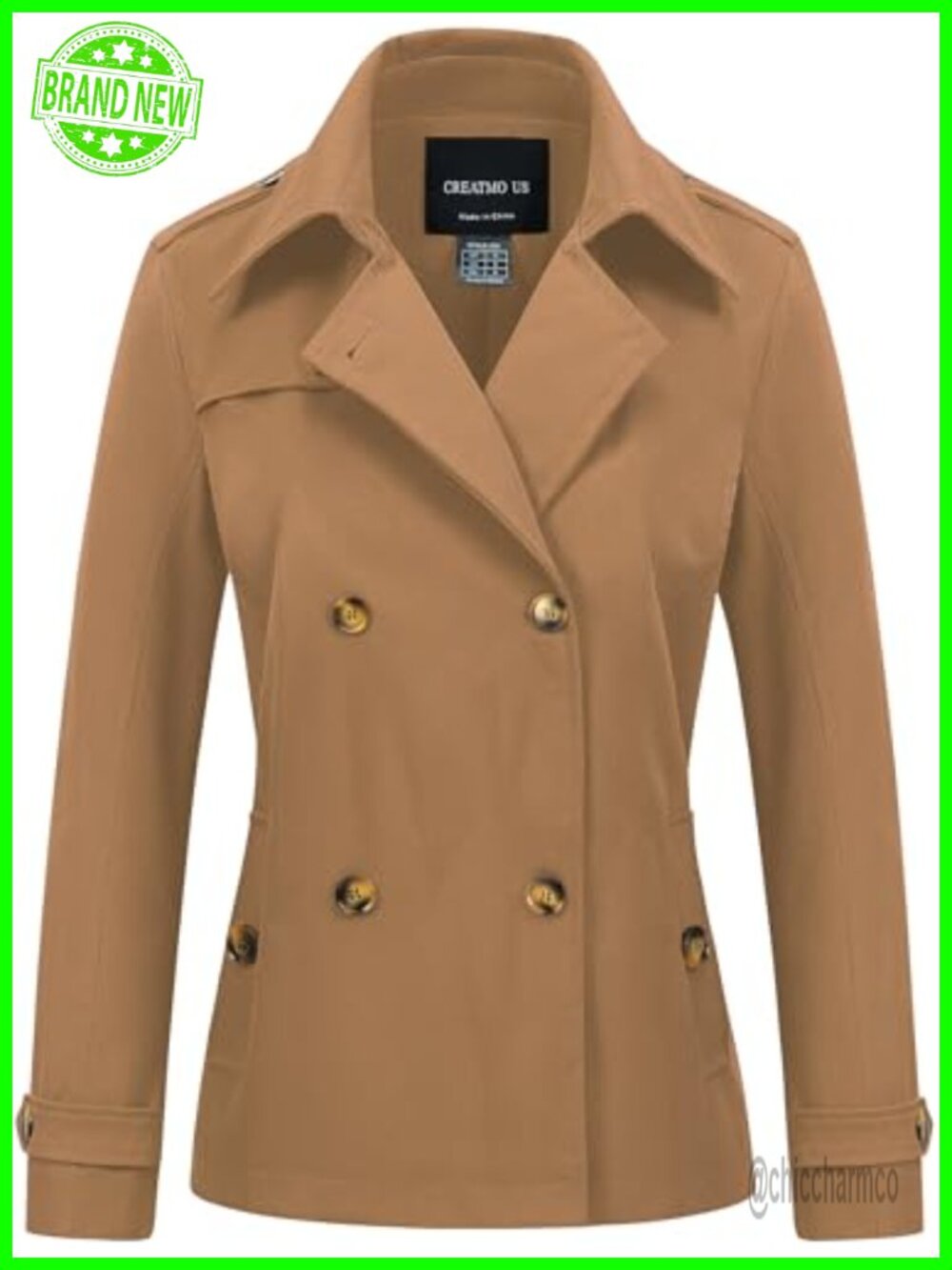 Cropped Trench Coat Double Breasted Water Repellent Military Style